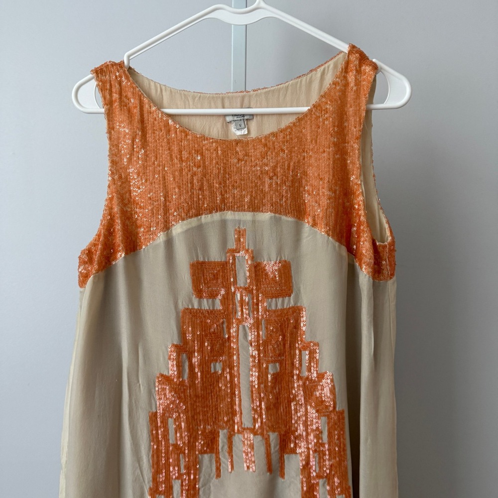 Hoss Intropia‎ S Ivory Orange Sequin Silk Shift Dress Deco Quirky Retro Twee - Picture 2 of 7